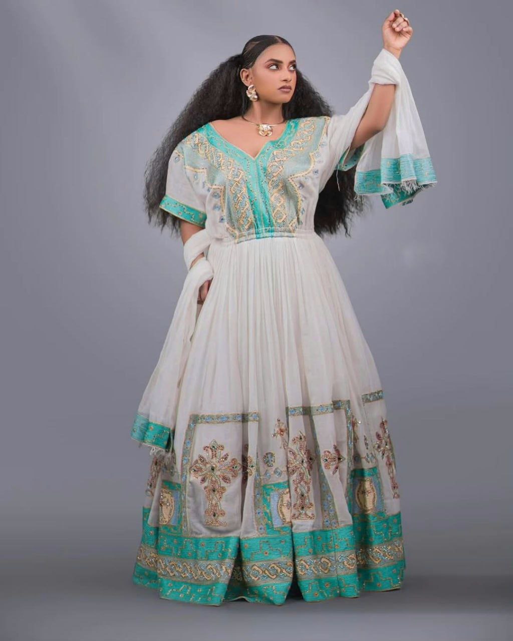 Traditional Couple Attire with Elegant Green Embroidery – Habesha Wedding Dress– Ethiopian Traditional Clothing – Eritrean Wedding Dress