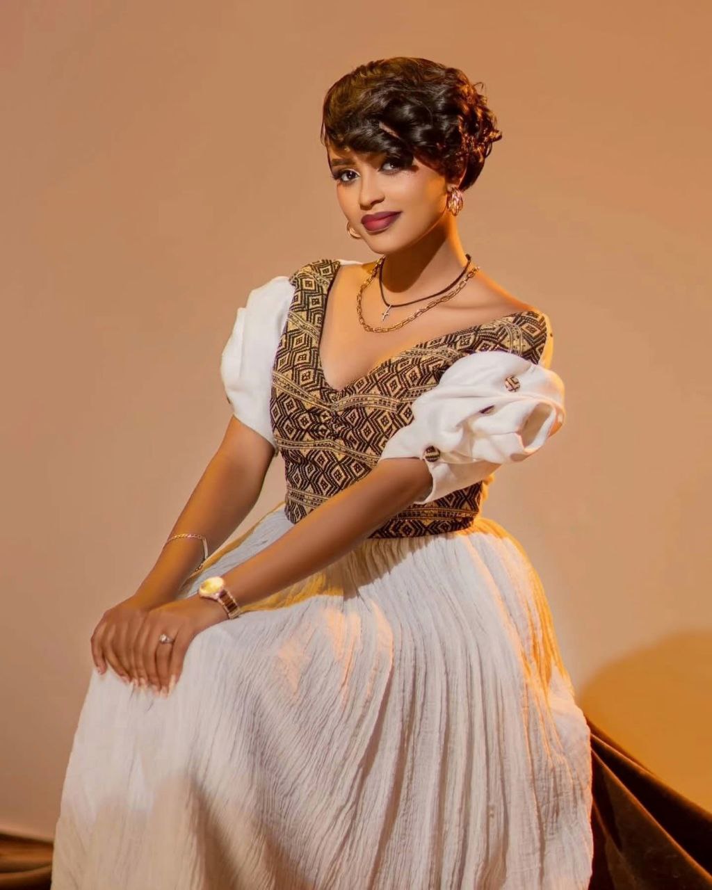 Elegant Habesha Dress Gold Embroidery Habesha Kemis Short Sleeve Eritrean Dress 0008