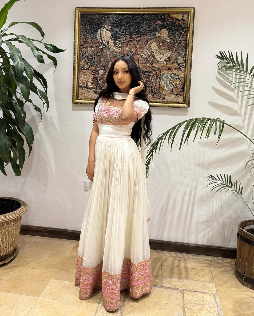 Chic Habesha Kemis with Pink Embroidery Ethiopian Clothing for Events