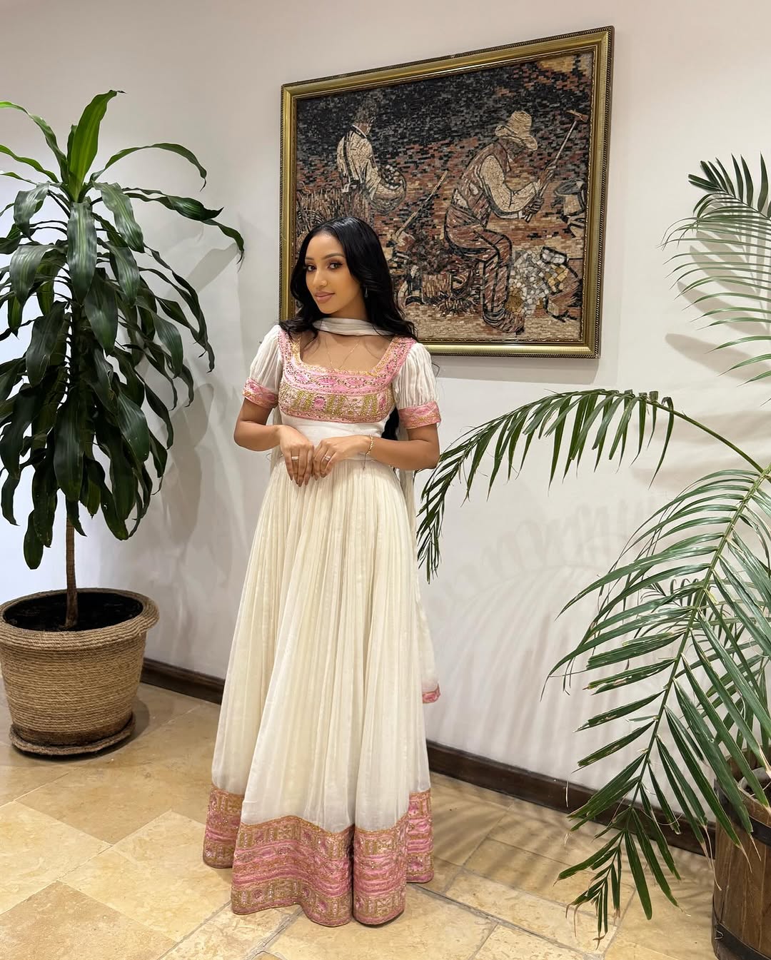 Chic Habesha Kemis with Pink Embroidery Ethiopian Clothing for Events