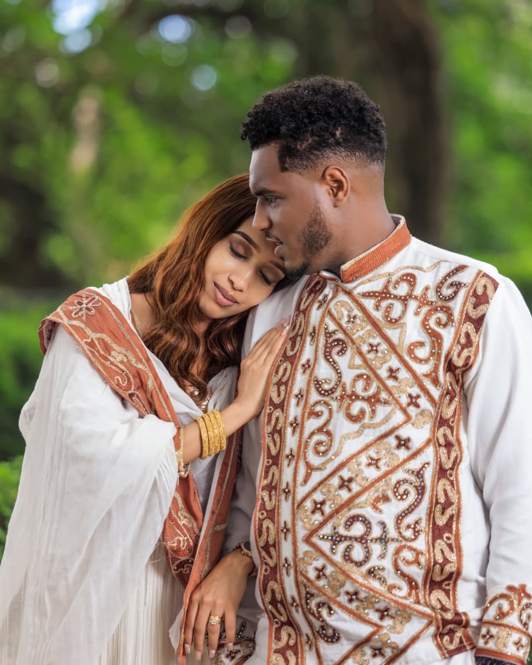 Elegant Brown Embroidered Couples Outfit for Celebrations Habesha Couple's Outfit