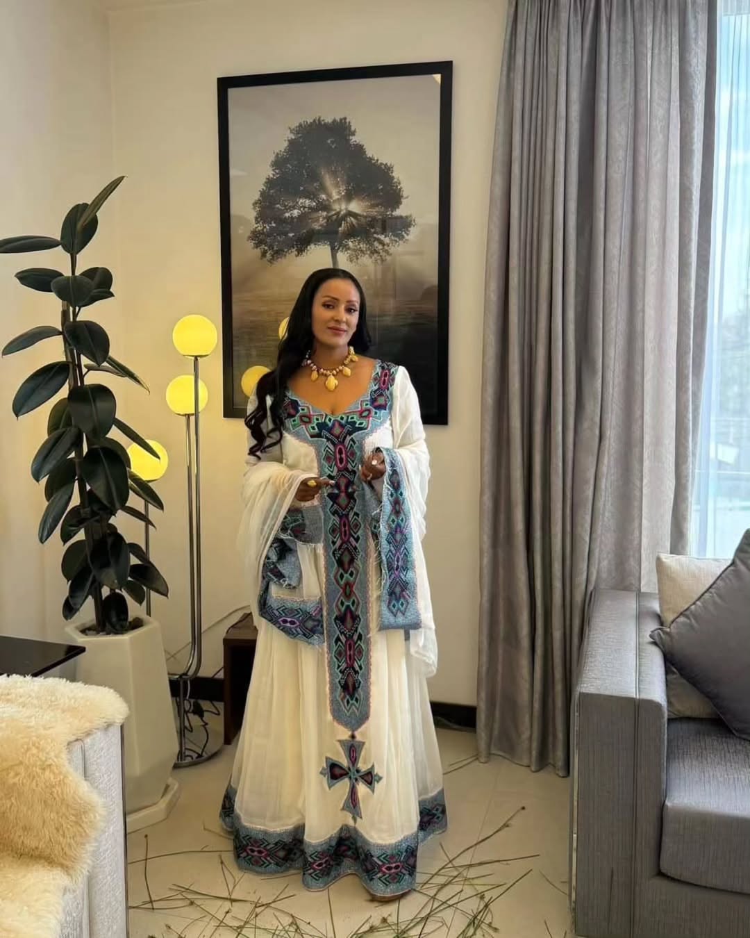Elegant Habesha Kemis with Blue, Magenta & Turquoise Tibeb Embroidery