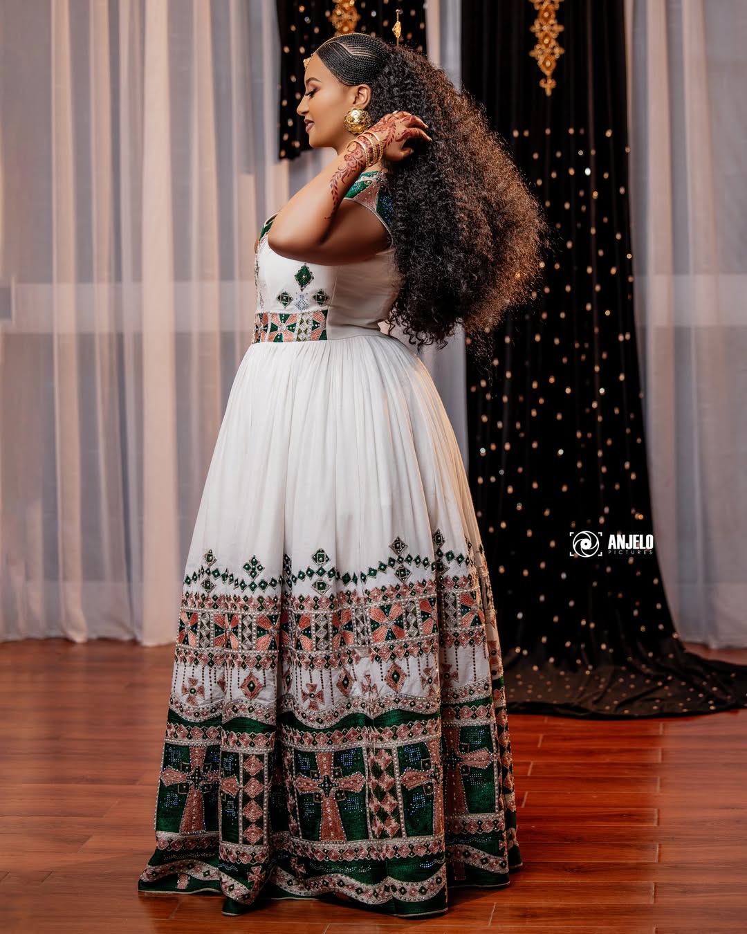 Ethiopian Habesha Kemis Green & Rose Gold Traditional Dress with Tilet M Ethiopian Habesha Kemis Green & Rose Gold Traditional Dress with Tilet M