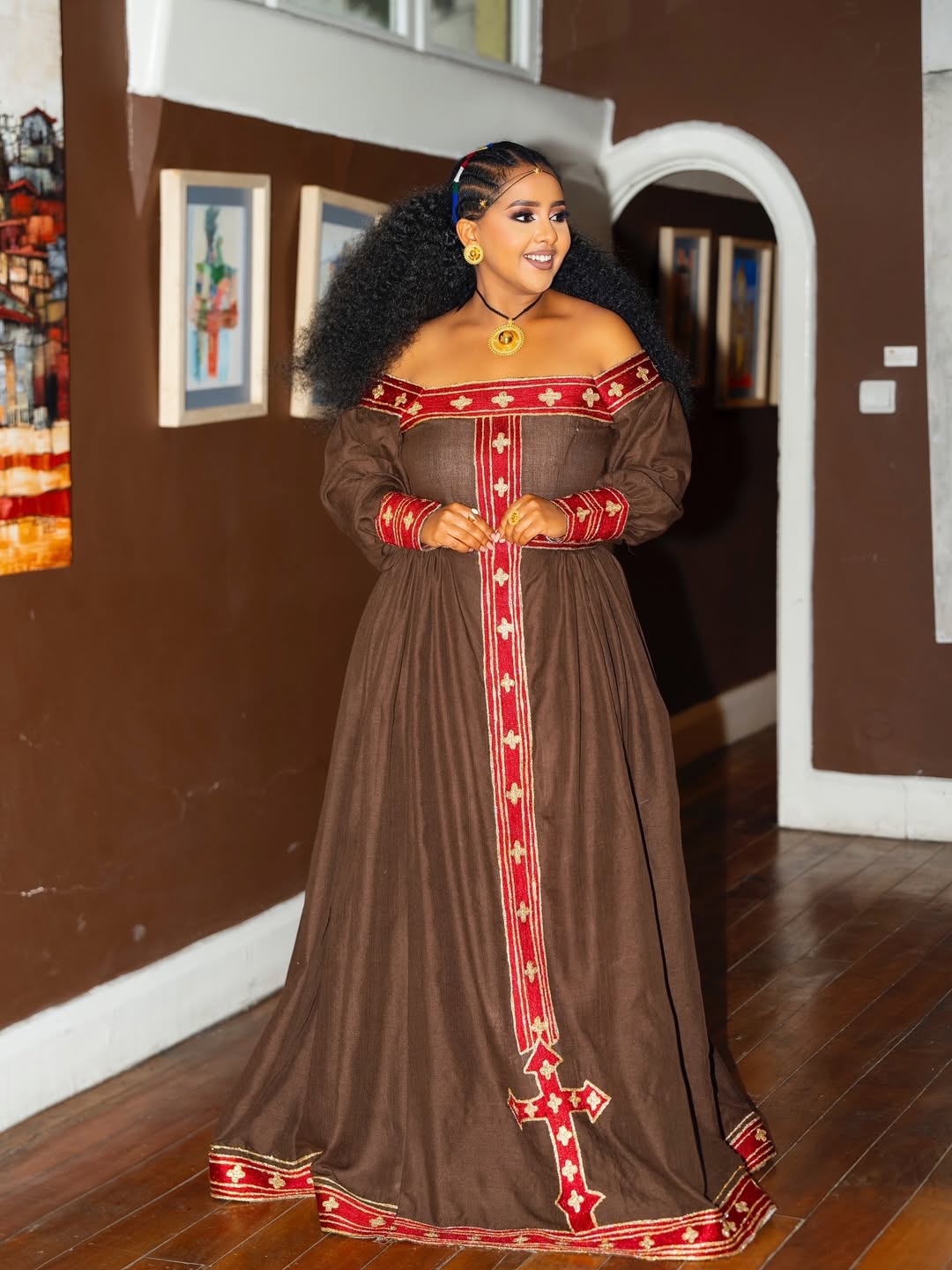 Cultural Habesha Dress Brown & Red Design Habesha Kemis Elegant Habesha Cloth 0016