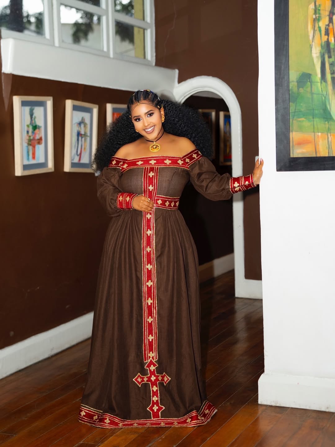 Cultural Habesha Dress Brown with Red Cross Embroidery