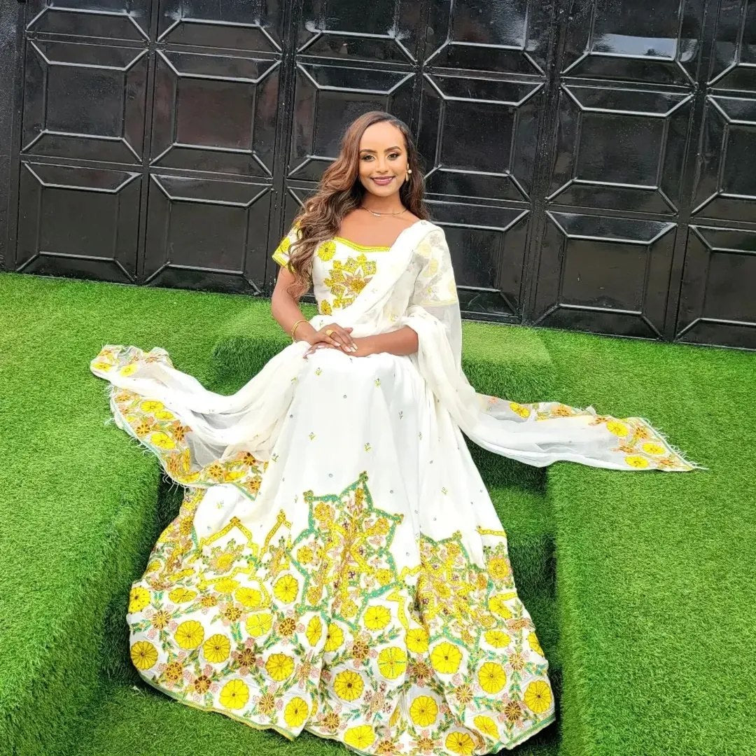 Radiant Yellow Floral Embroidery Ethiopian Traditional Dress Elegant Habesha Kemis With Ethiopian Clothing 0020