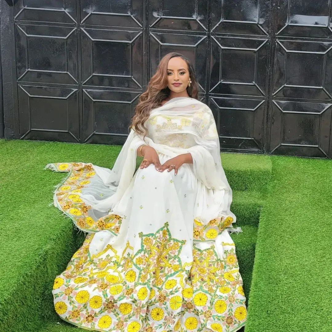 Radiant Yellow Floral Embroidery Ethiopian Traditional Dress