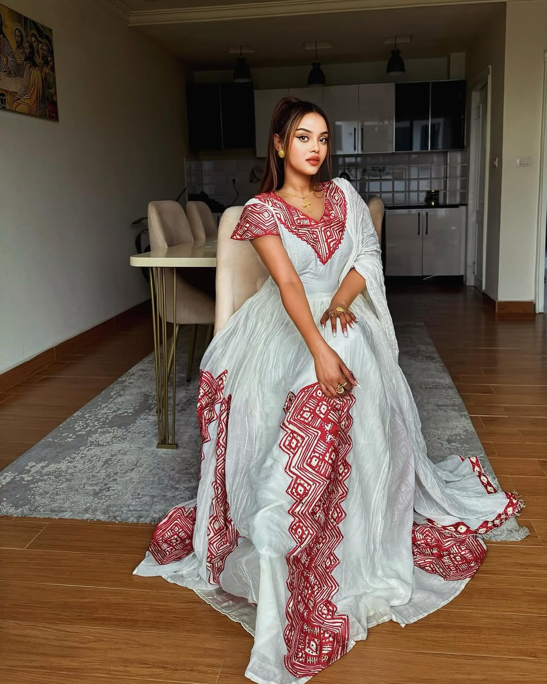 Red Embroidery Habesha Dress Modern Design Habesha Kemis Elegant Ethiopian Clothing 0021