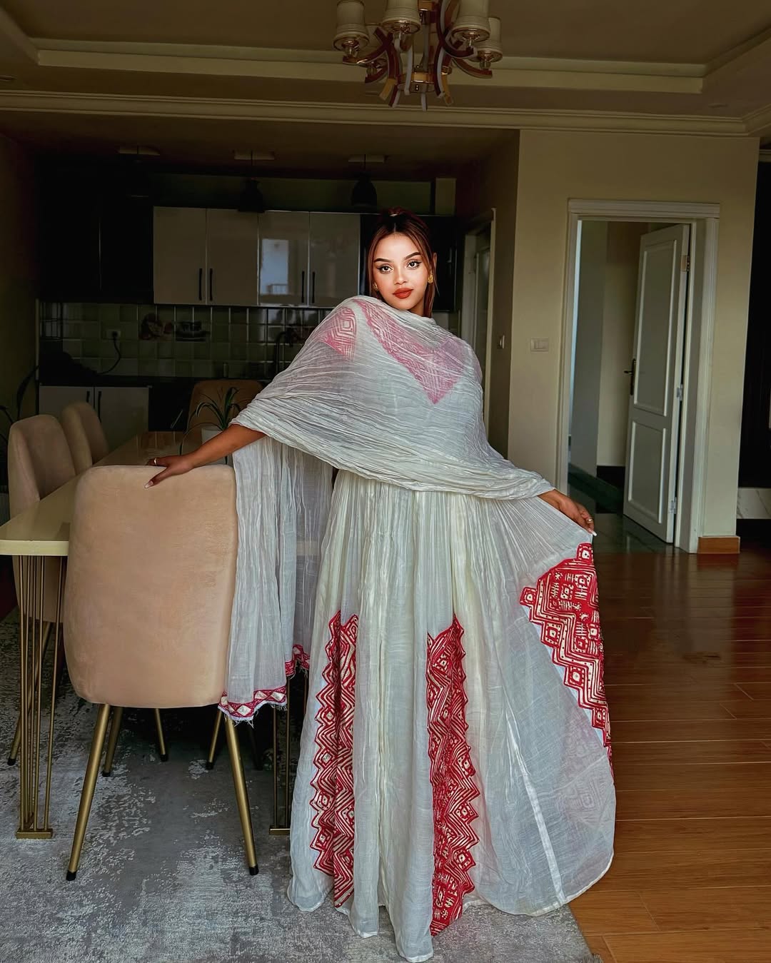 Red Embroidery Habesha Dress Modern Design Habesha Kemis Elegant Ethiopian Clothing 0021