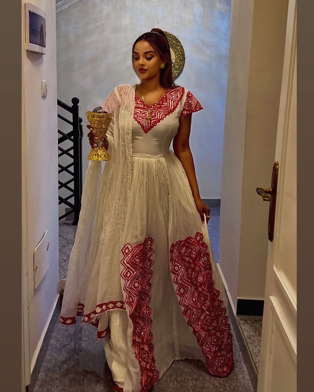Red Embroidery Habesha Dress Modern Design Habesha Kemis Elegant Ethiopian Clothing 0021