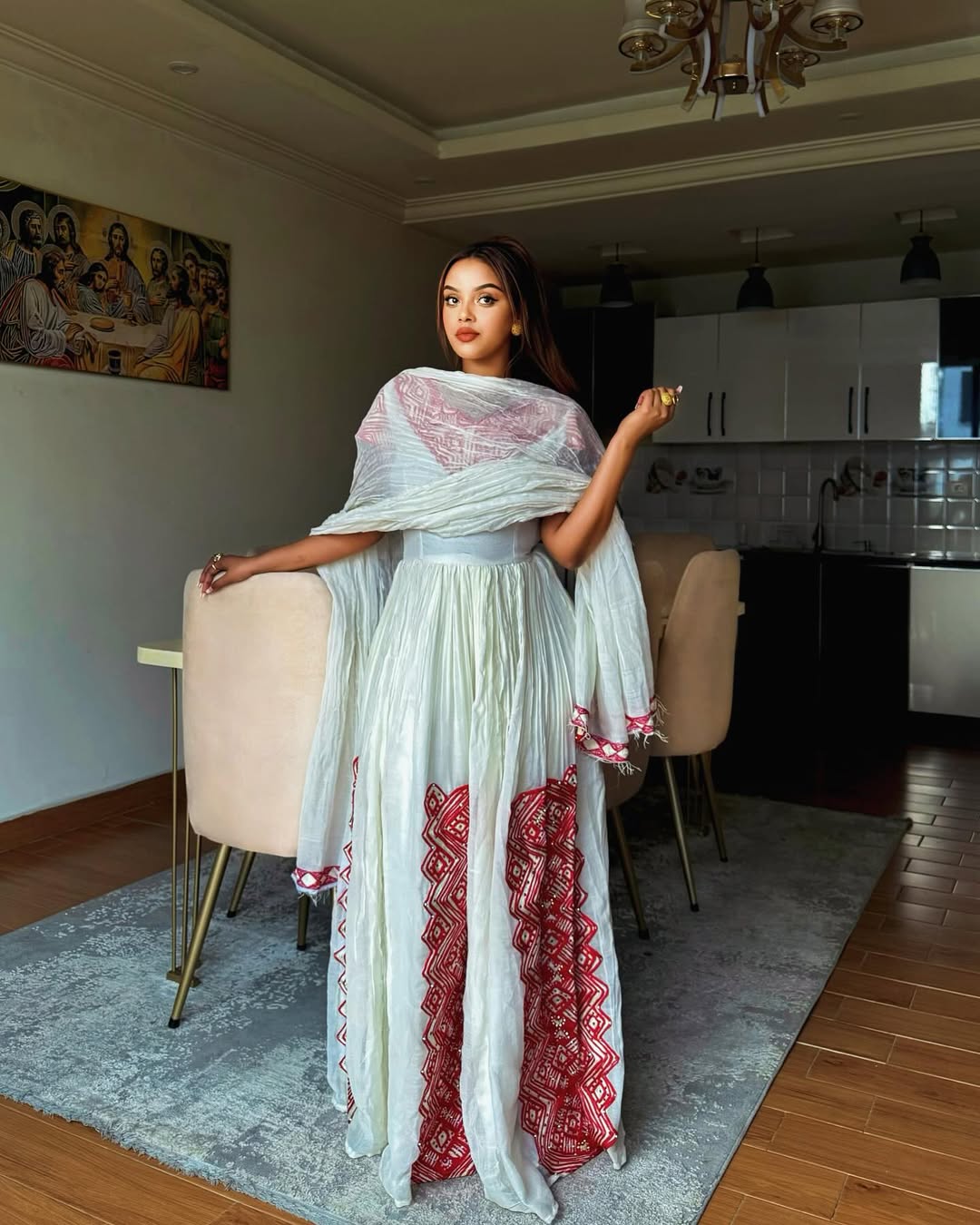 Traditional White Ethiopian Dress with Red Embroidery and Netela Shawl