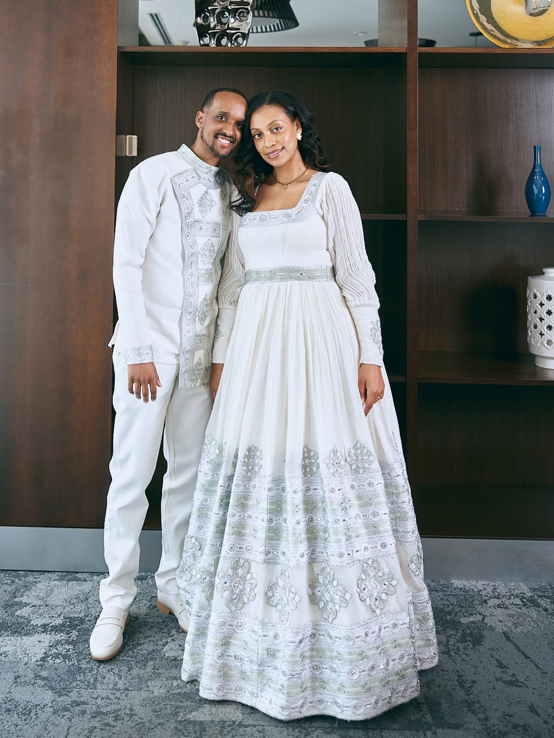 Matching Ethiopian Couple Attire White Silver Traditional