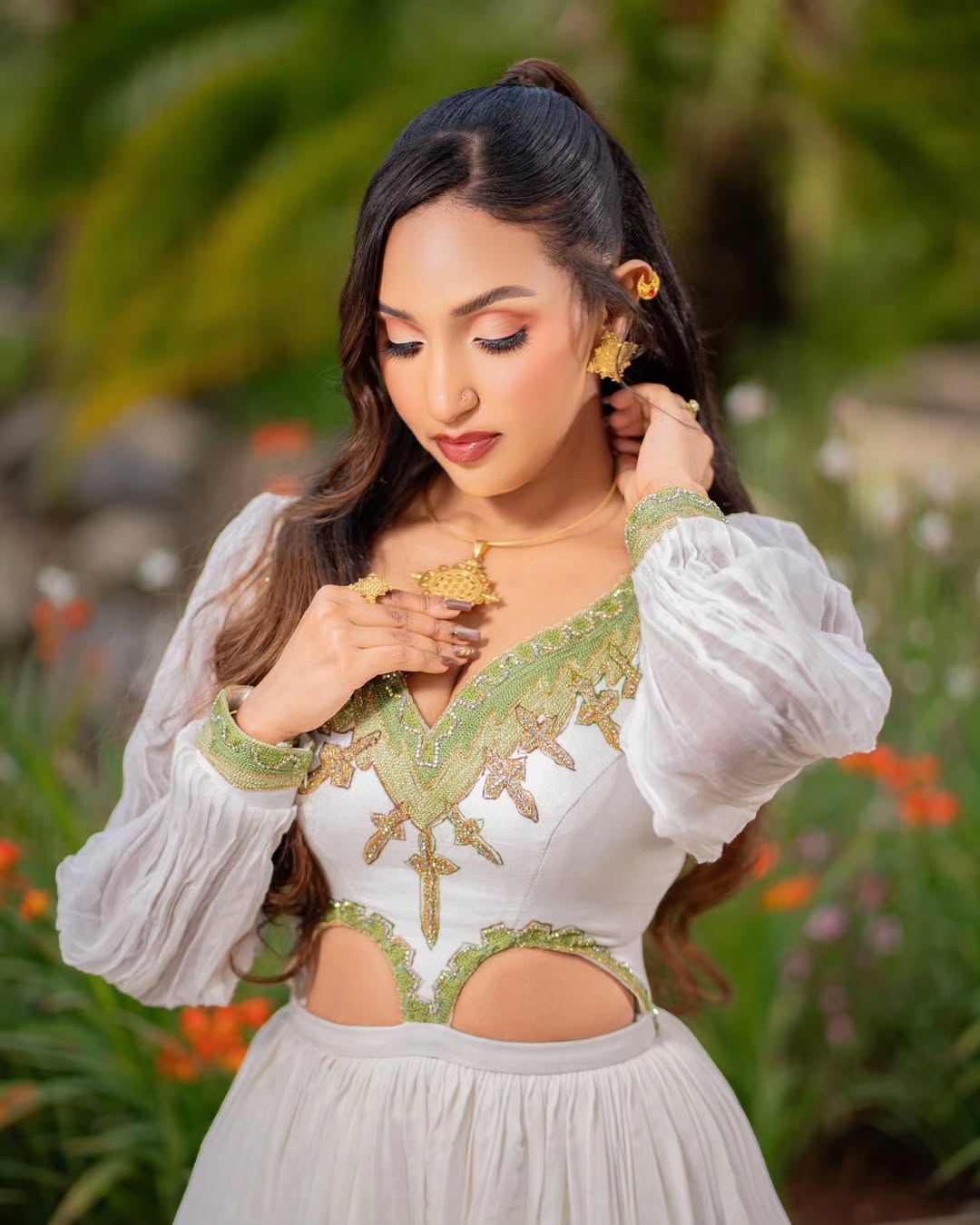 Green Shades Tilet Ethiopian Cloth Timeless Habesha Kemis Full Sleeve Habesha dress 0030