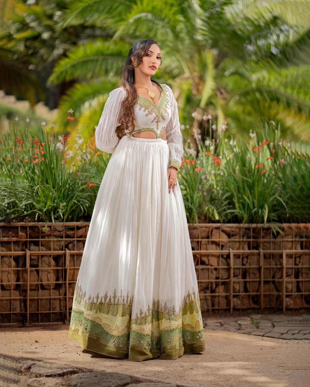 Green Shades Tilet Ethiopian Cloth Timeless Habesha Kemis Full Sleeve Habesha dress 0030
