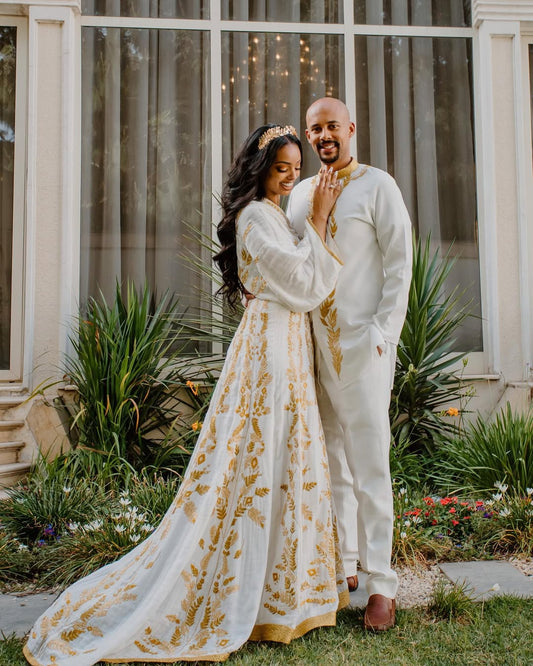 Traditional Ethiopian Matching Attire – Elegant Habesha Kemis and Men’s Suit Set with Golden Embroidery