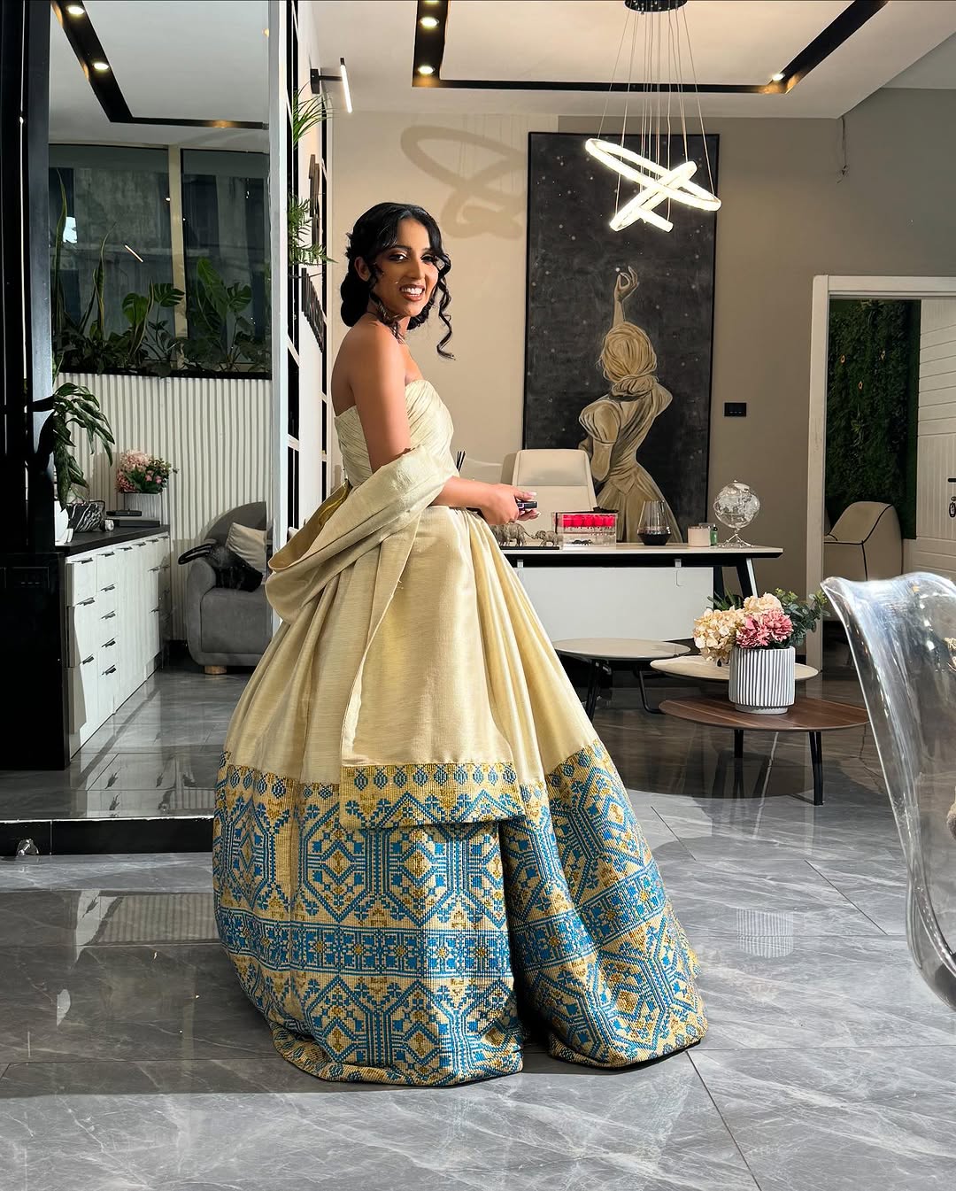 Blue and Gold Tibeb Habesha Wedding Dress Luxurious Habesha Kemis Strapless Ethiopian Wedding Dress 0033