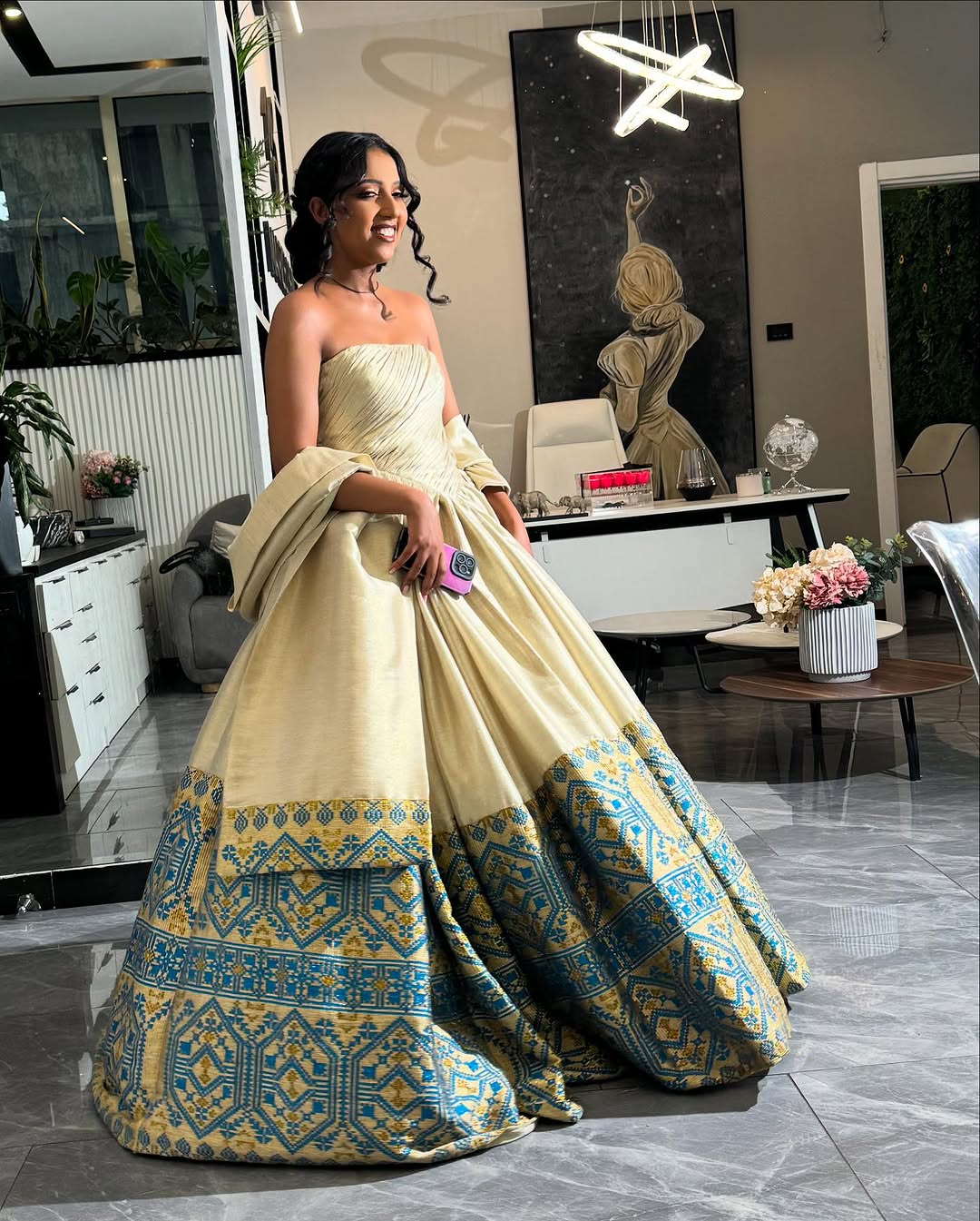 Blue and Gold Tibeb Habesha Wedding Dress Luxurious Habesha Kemis Strapless Ethiopian Wedding Dress 0033