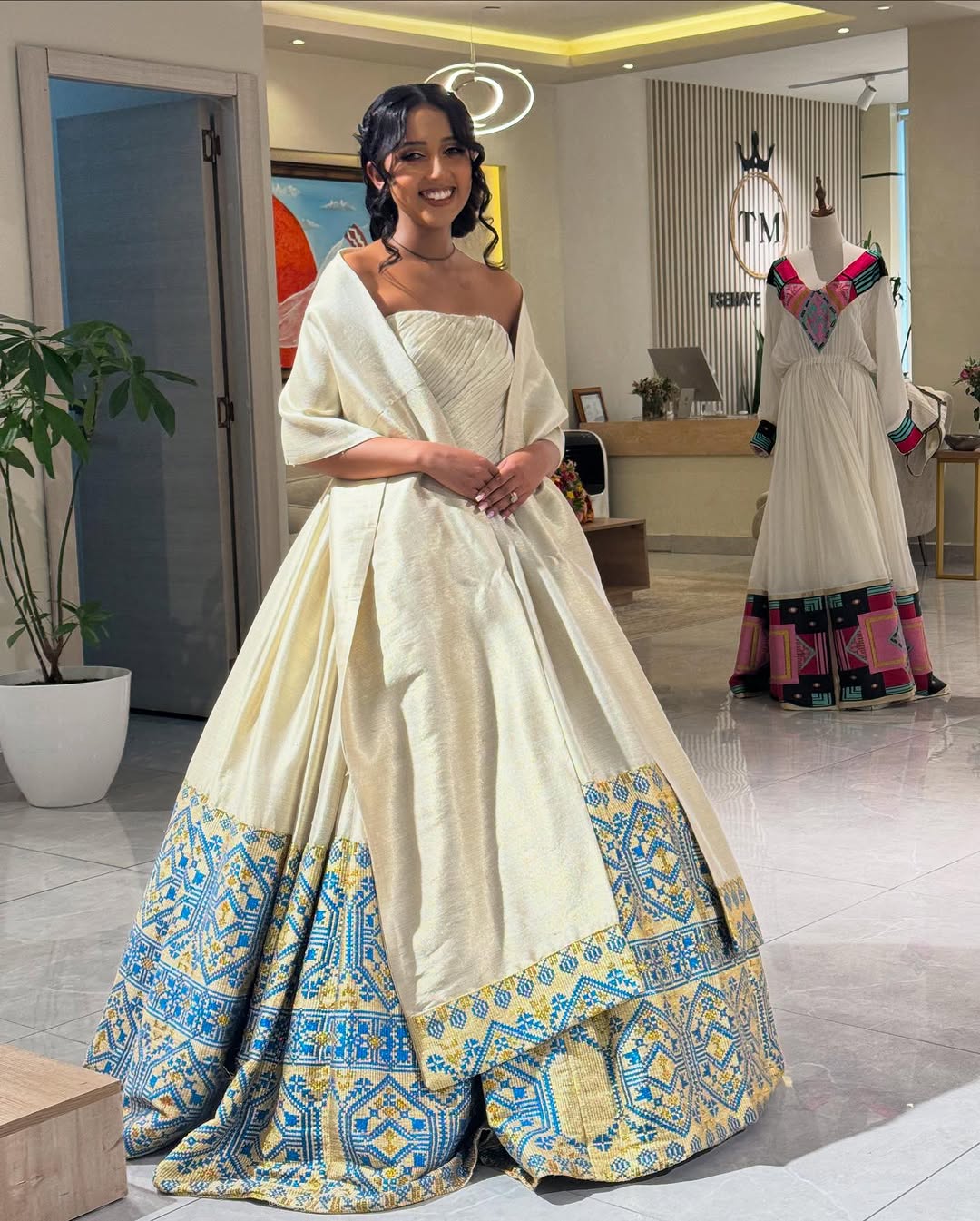 Blue and Gold Tibeb Habesha Wedding Dress Luxurious Habesha Kemis Strapless Ethiopian Wedding Dress 0033