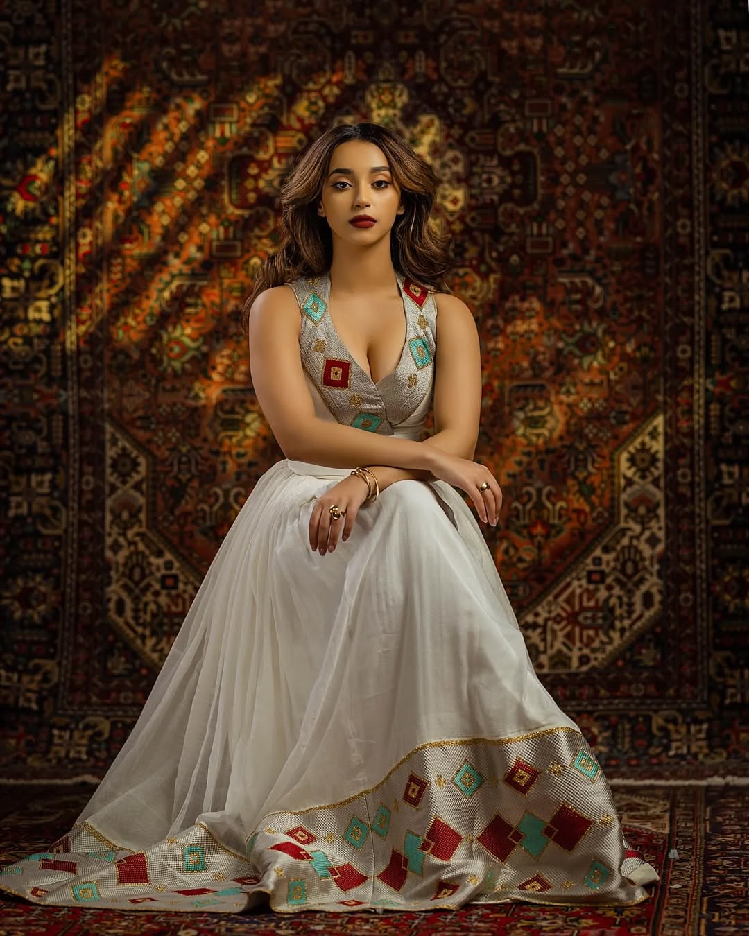 Contemporary Ethiopian Traditional Wear Bold Geometric Habesha Kemis Colorful Habesha Dress 0036
