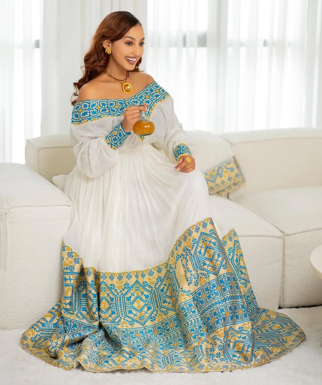 Stylish Off-Shoulder Habesha Kemis Blue & Gold Tibeb Habesha Dress Modern Ethiopian Clothing 0035