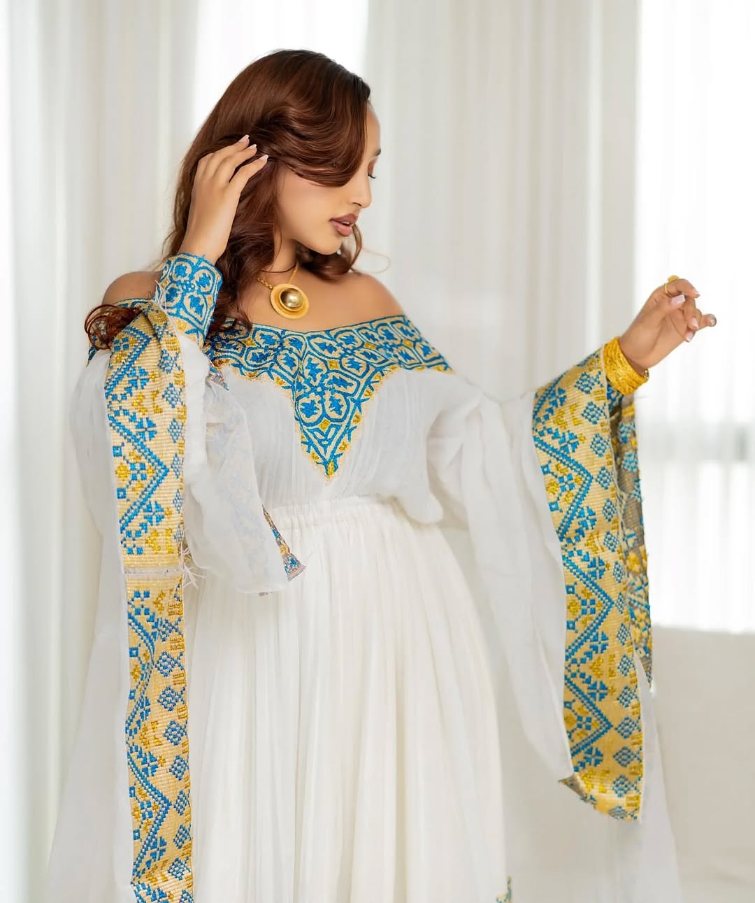 Stylish Off-Shoulder Habesha Kemis Blue & Gold Tibeb Habesha Dress Modern Ethiopian Clothing 0035