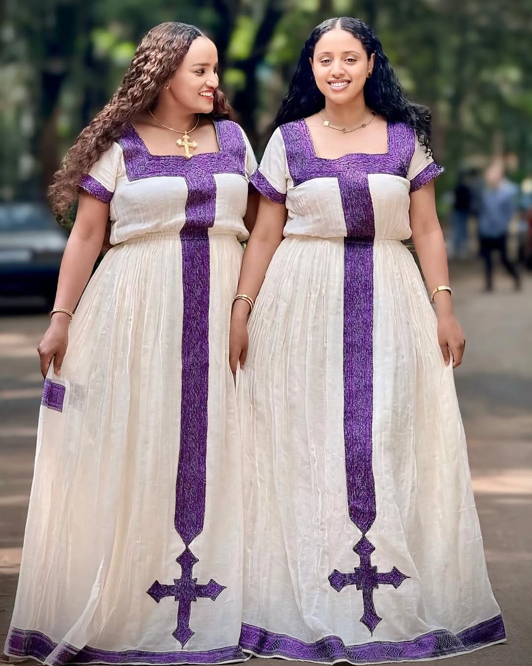 Matching Ethiopian Habesha Dresses with Purple Cross Embroidery β Traditional Religious Wear