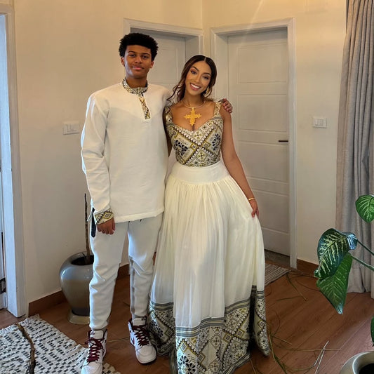 Ethiopian Traditional Couple's Outfit – Habesha Kemis & Men’s Shirt with Tibeb Embroidery