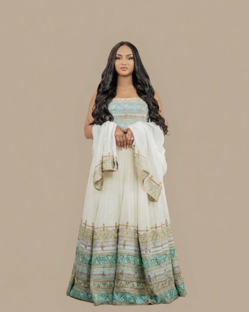 Ethiopian Habesha Kemis – Green and Gold Tibeb Traditional Dress