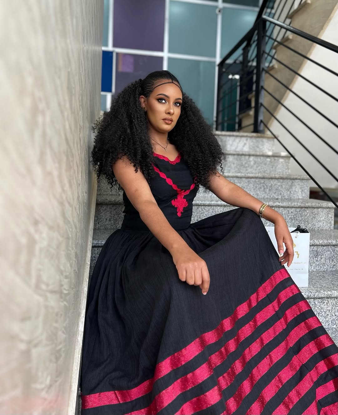 Modern Black Habesha Kemis – Ethiopian Dress with Red Tibeb Embroidery