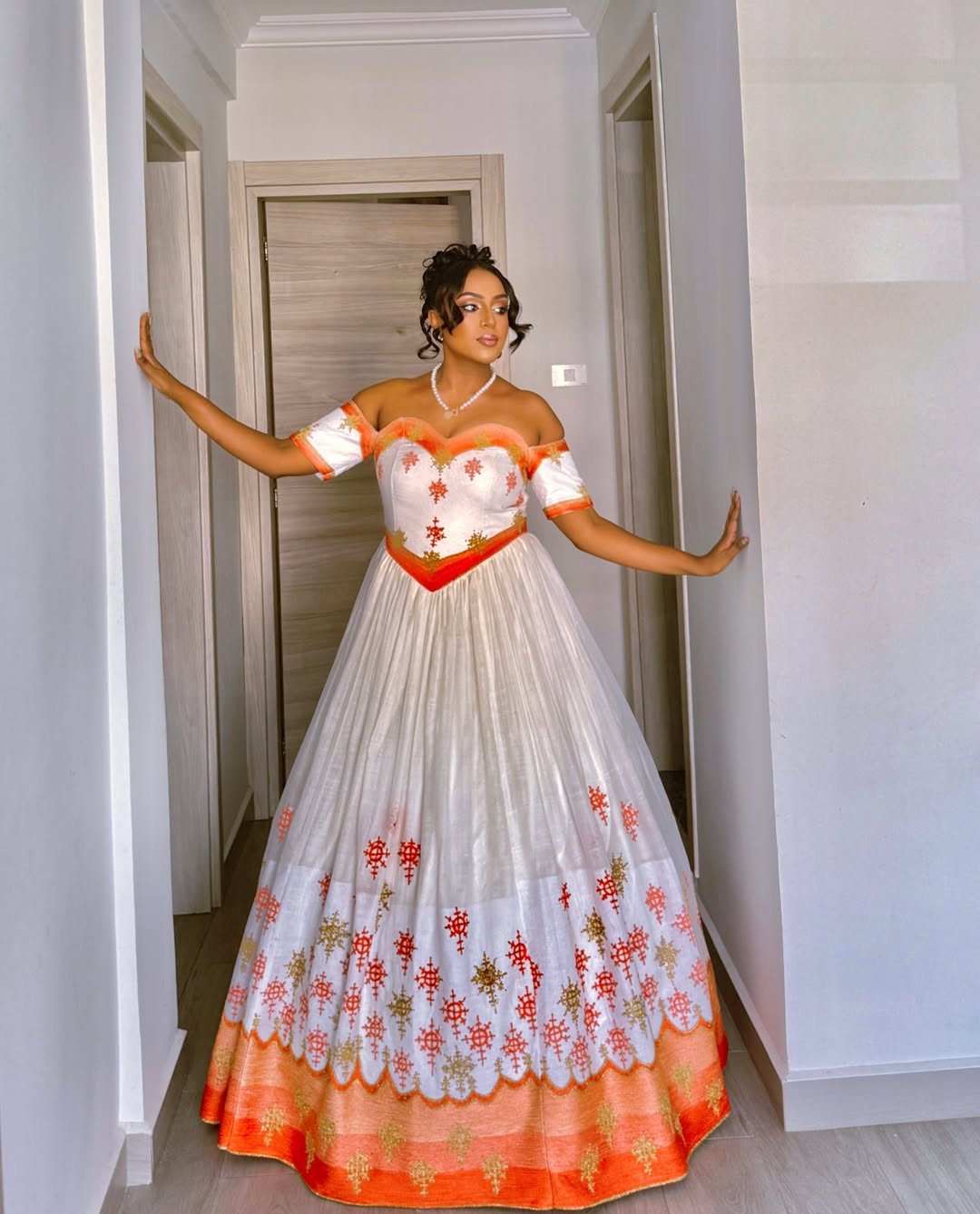 Off-Shoulder Habesha Kemis Orange & Gold Embroidery Habesha Dress Wedding Ethiopian Clothing 0044
