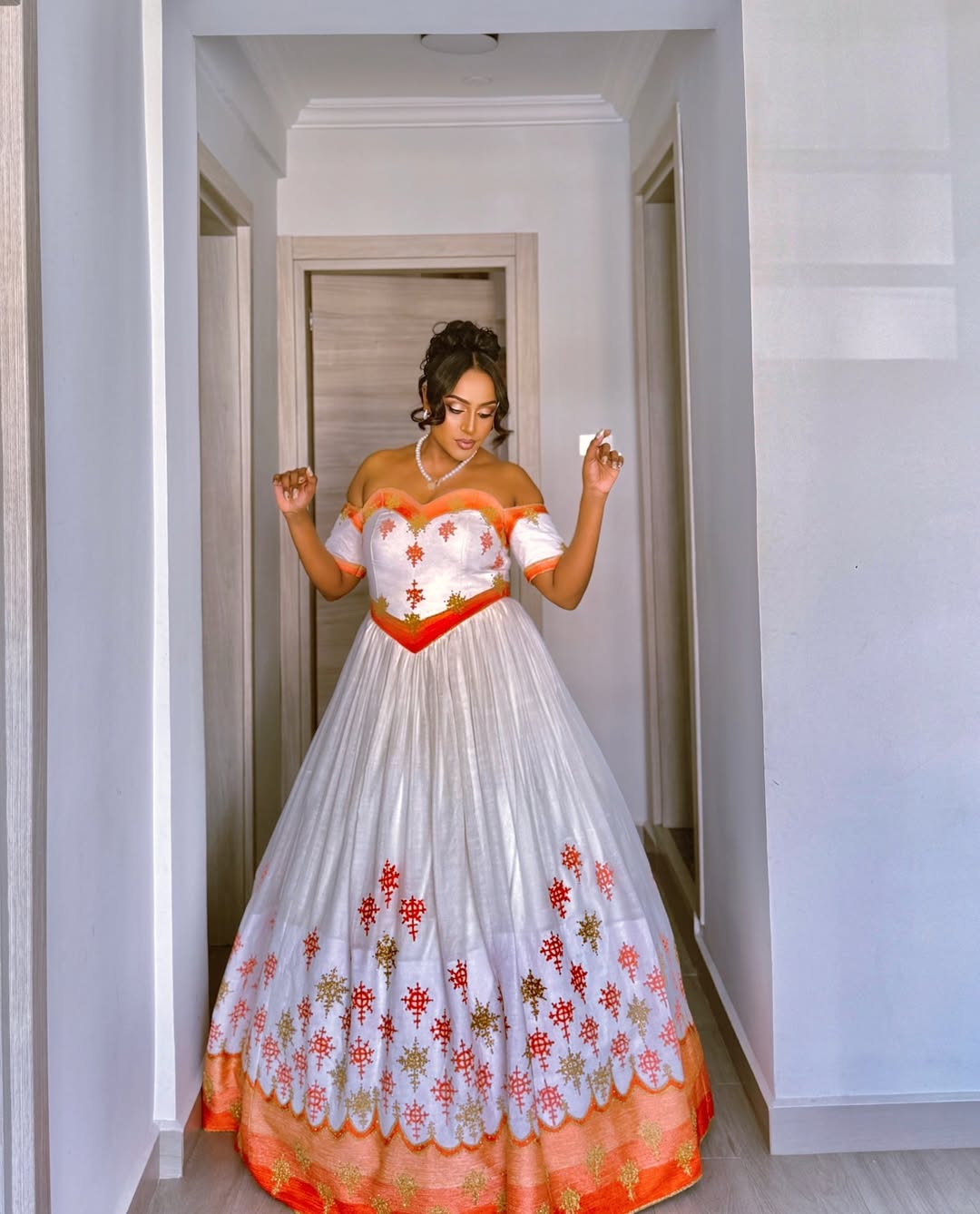 Off-Shoulder Habesha Kemis Orange & Gold Embroidery Habesha Dress Wedding Ethiopian Clothing 0044