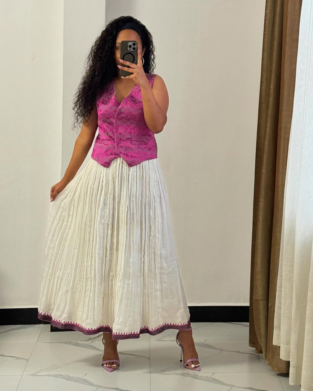 Modern Habesha Set – White Traditional Skirt & Pink Tibeb Vest