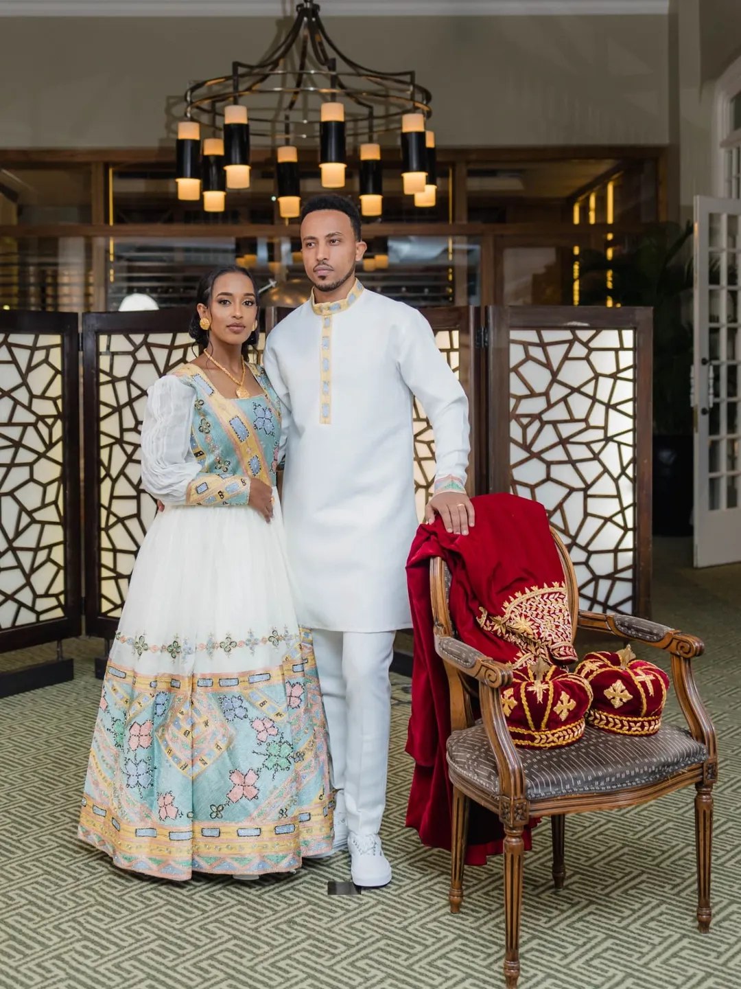 Ethiopian Couple's Traditional Set Embroidered Habesha Kemis & Formal Men's Attire Habesha Couple's Outfit 0049