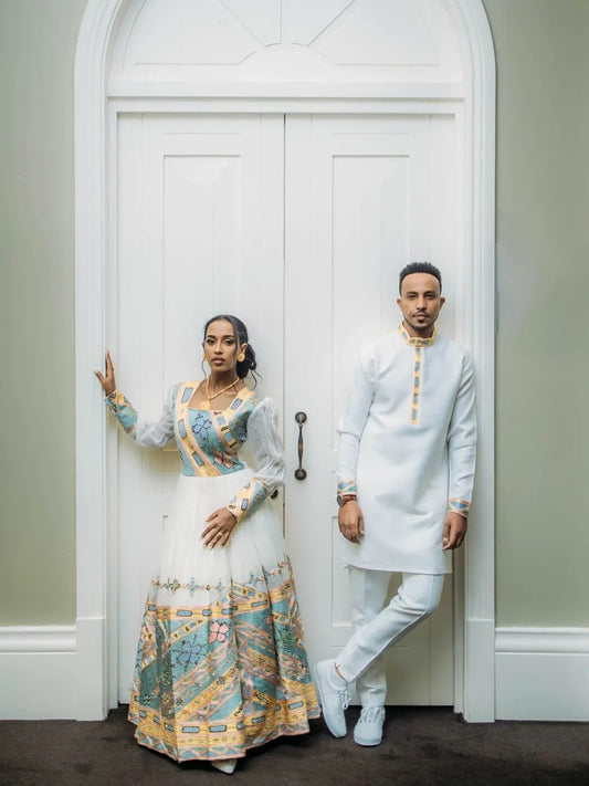 Ethiopian Couple's Traditional Set – Embroidered Habesha Kemis & Formal Men's Attire