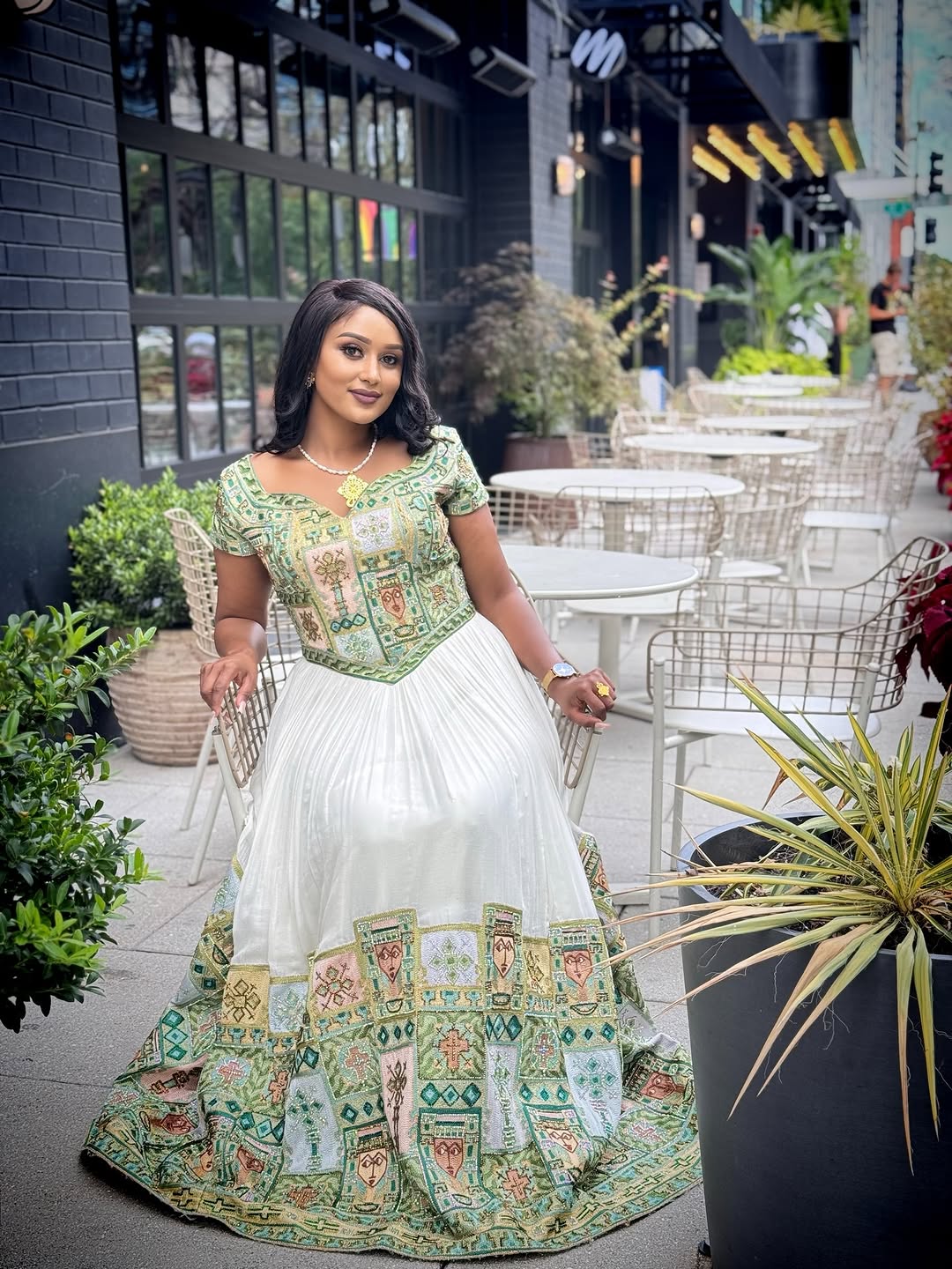 Green Detailed Design Habesha Kemis Colorful Embroidery Ethiopian Dress Luxurious Habesha Dress For Wedding 0052