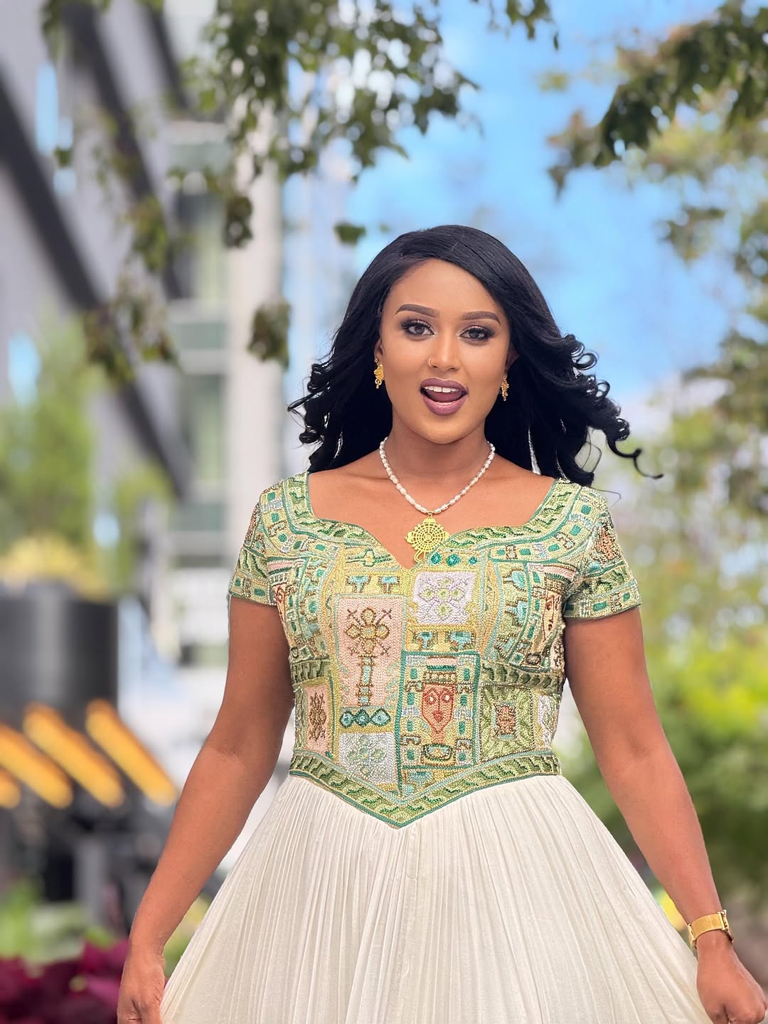 Green Detailed Design Habesha Kemis Colorful Embroidery Ethiopian Dress Luxurious Habesha Dress For Wedding 0052