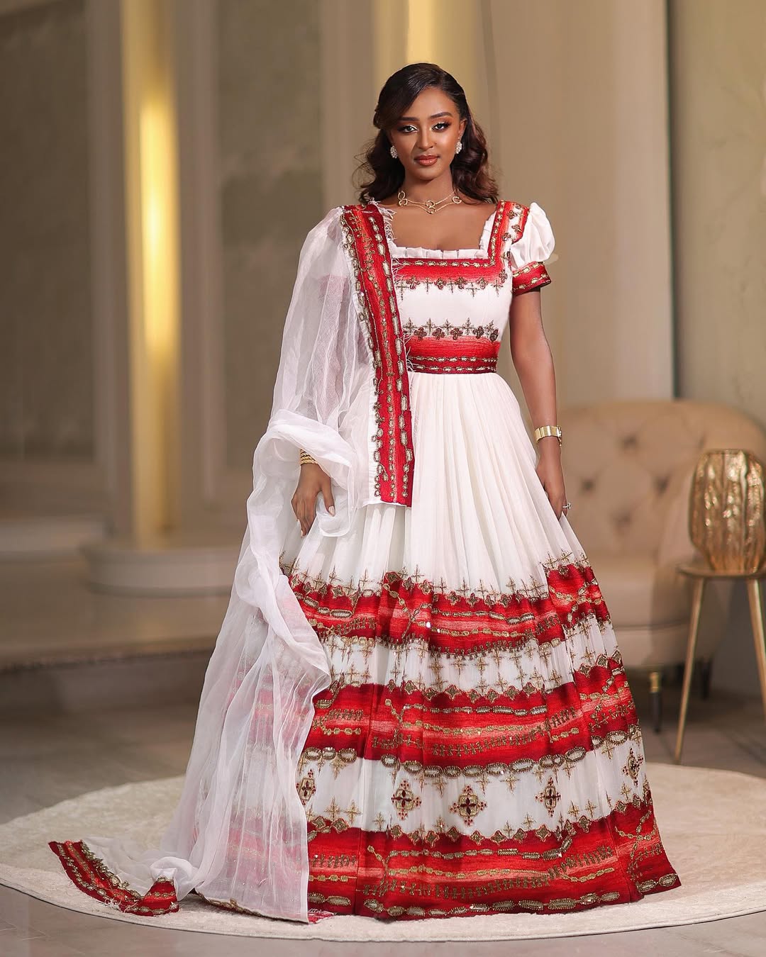 Luxury Ethiopian Habesha Kemis Gown in White with Red & Gold Tibeb Embroidery L Luxury Ethiopian Habesha Kemis Gown in White with Red & Gold Tibeb Embroidery L