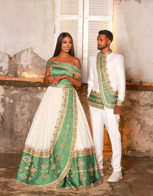 Ethiopian Couple's Outfit elegant Habesha matching set