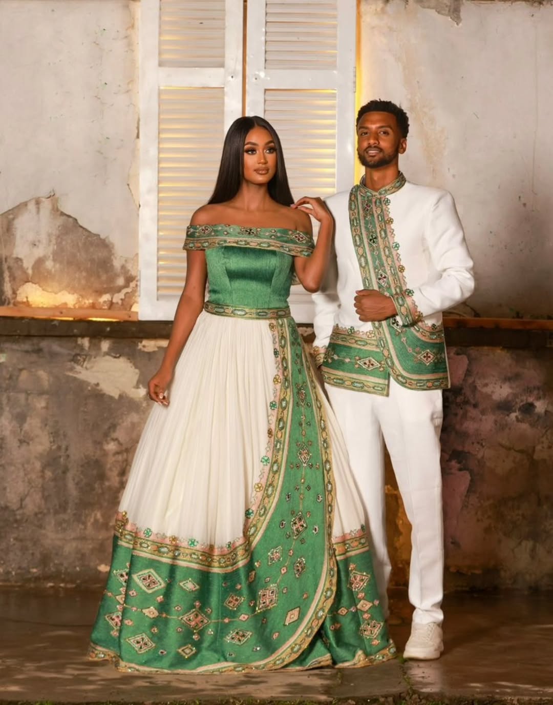 Elegant Ethiopian Couple’s Outfit Habesha Kemis & Men’s Suit Set Green & Gold Tibeb Habesha Couple's Wear Ethiopian Couple's Clothing 0056