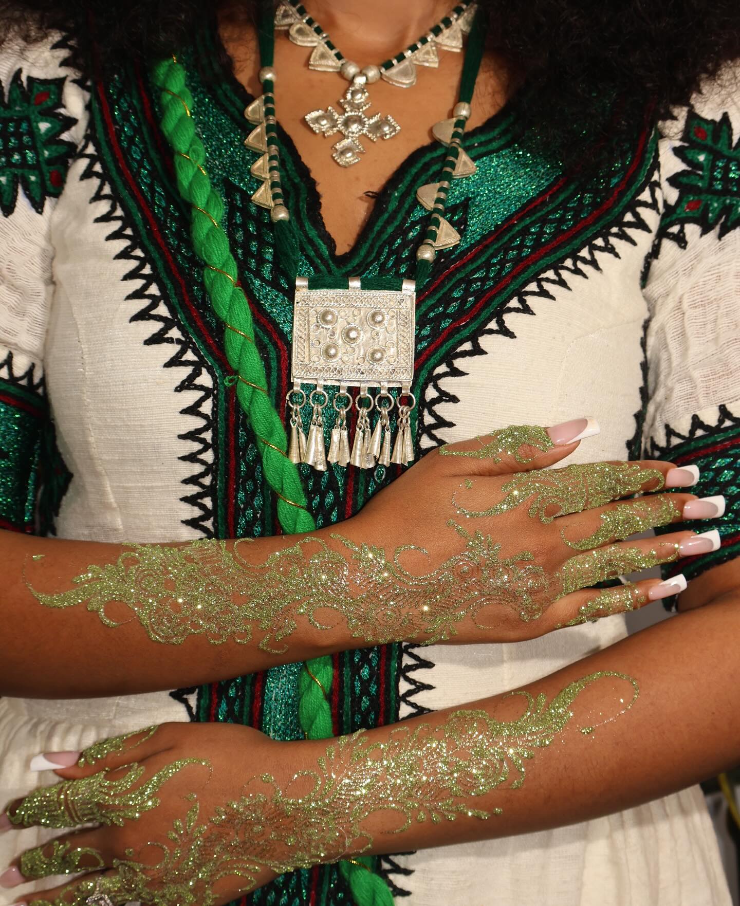Stunning White & Green Traditional Ethiopian Dress Hand-Embroidered Habesha Kemis Authentic Habesha Dress For Special Events 0062