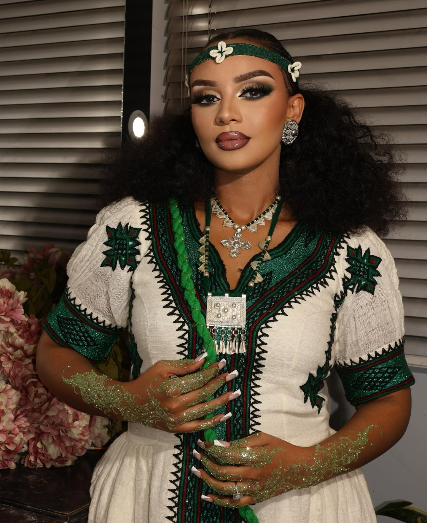 Stunning White & Green Traditional Ethiopian Dress Hand-Embroidered Habesha Kemis Authentic Habesha Dress For Special Events 0062
