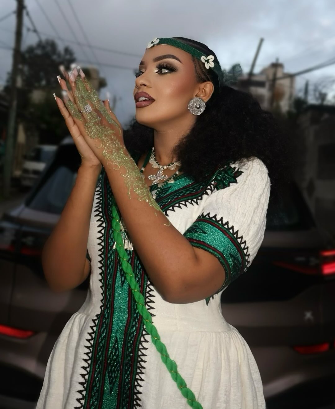 Stunning White & Green Traditional Ethiopian Dress Hand-Embroidered Habesha Kemis Authentic Habesha Dress For Special Events 0062