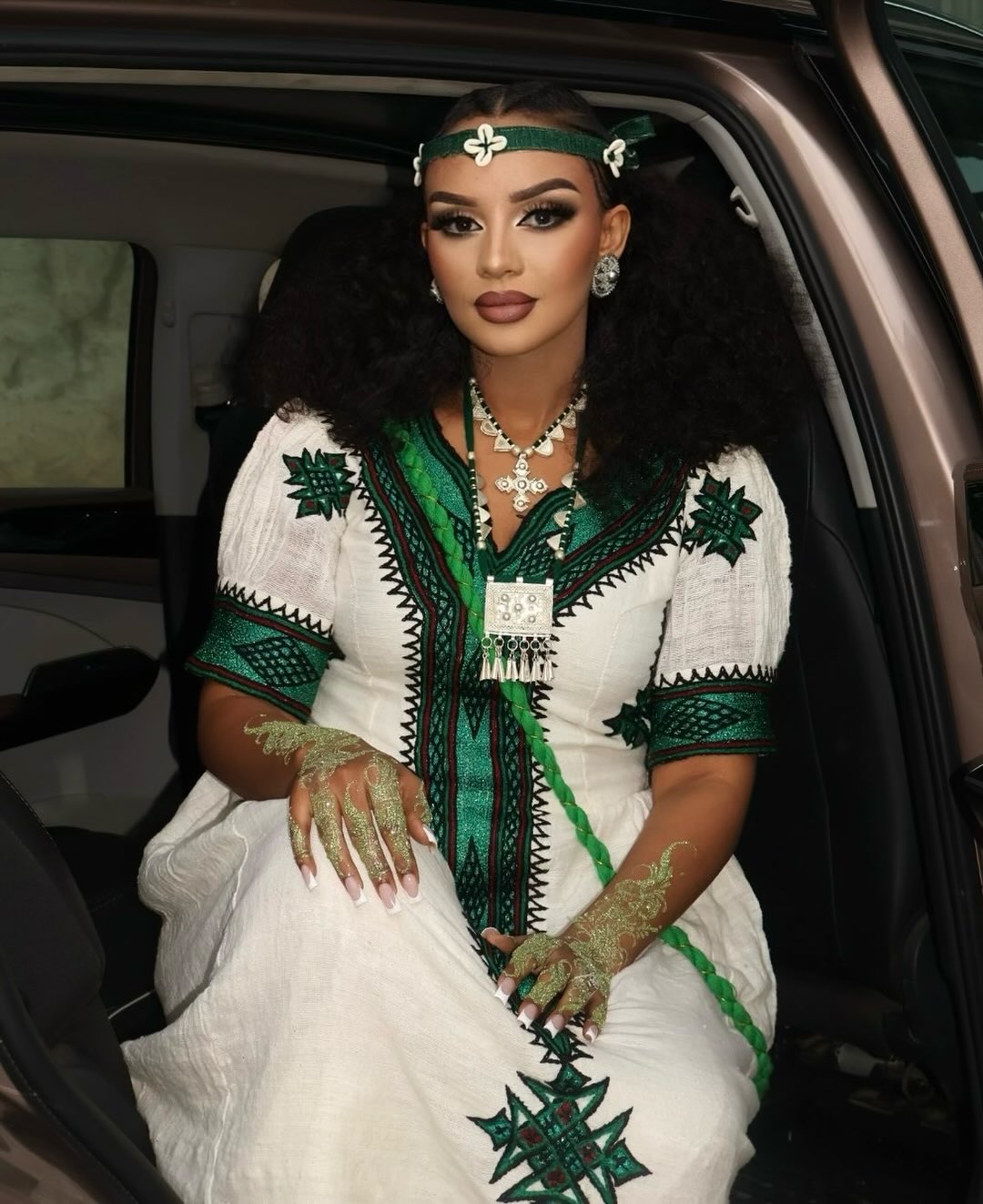 Authentic White & Green Habesha Kemis – Traditional Ethiopian Dress with Jewelry