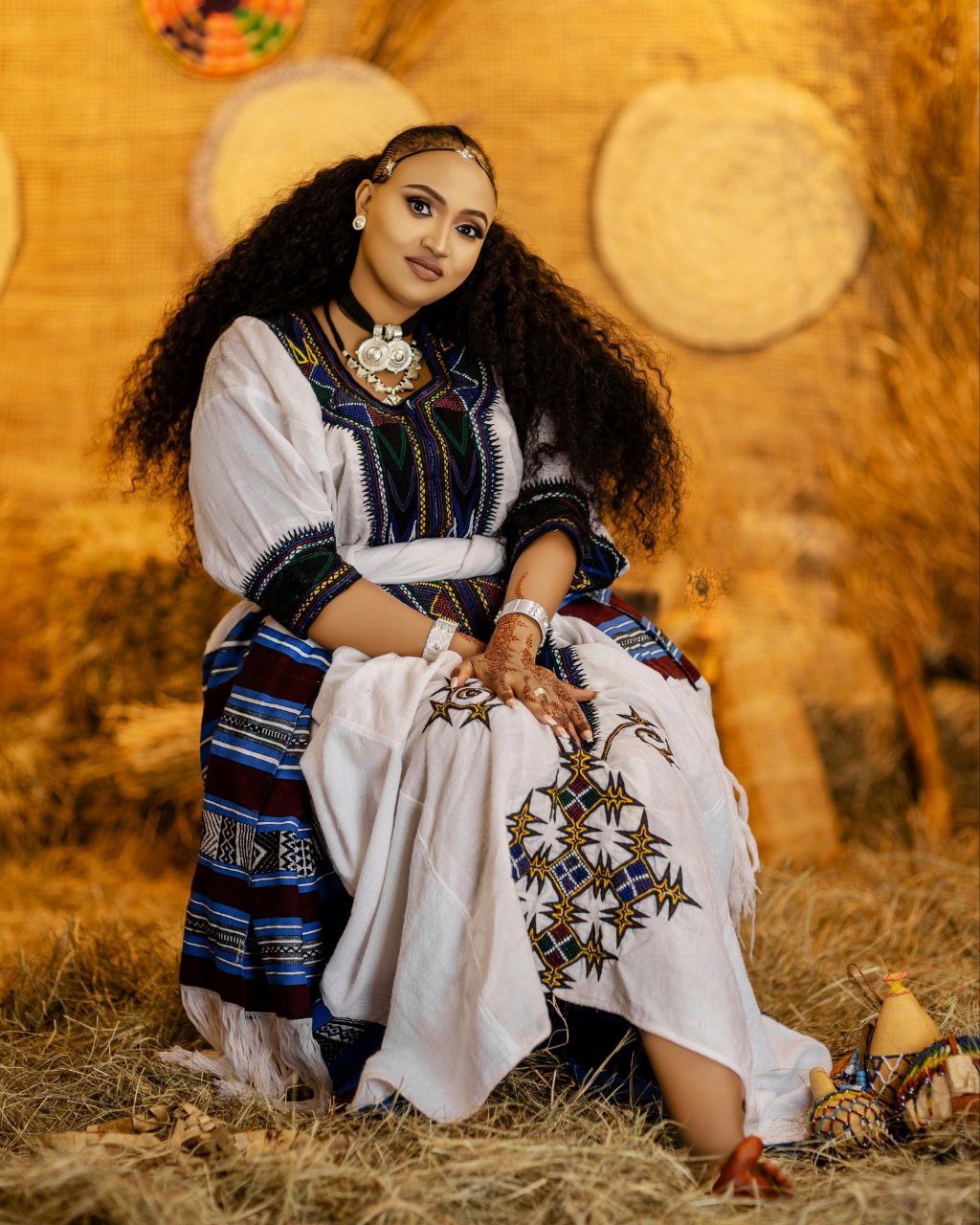 White & Blue Habesha Kemis – Handcrafted Traditional Ethiopian Cultural Dress