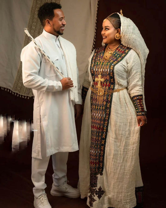 Elegant Ethiopian Wedding Outfit – Cultural Habesha Kemis & Men's Traditional Suit