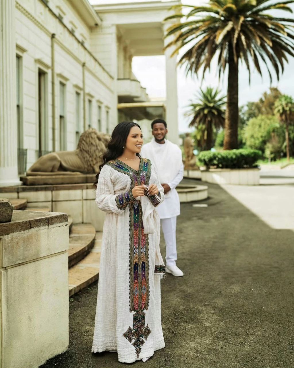 Modern Traditional Ethiopian Couple Outfit Multicolor Embroidered Habesha Kemis & Men's White Suit Elegant Couples Cloth 0066