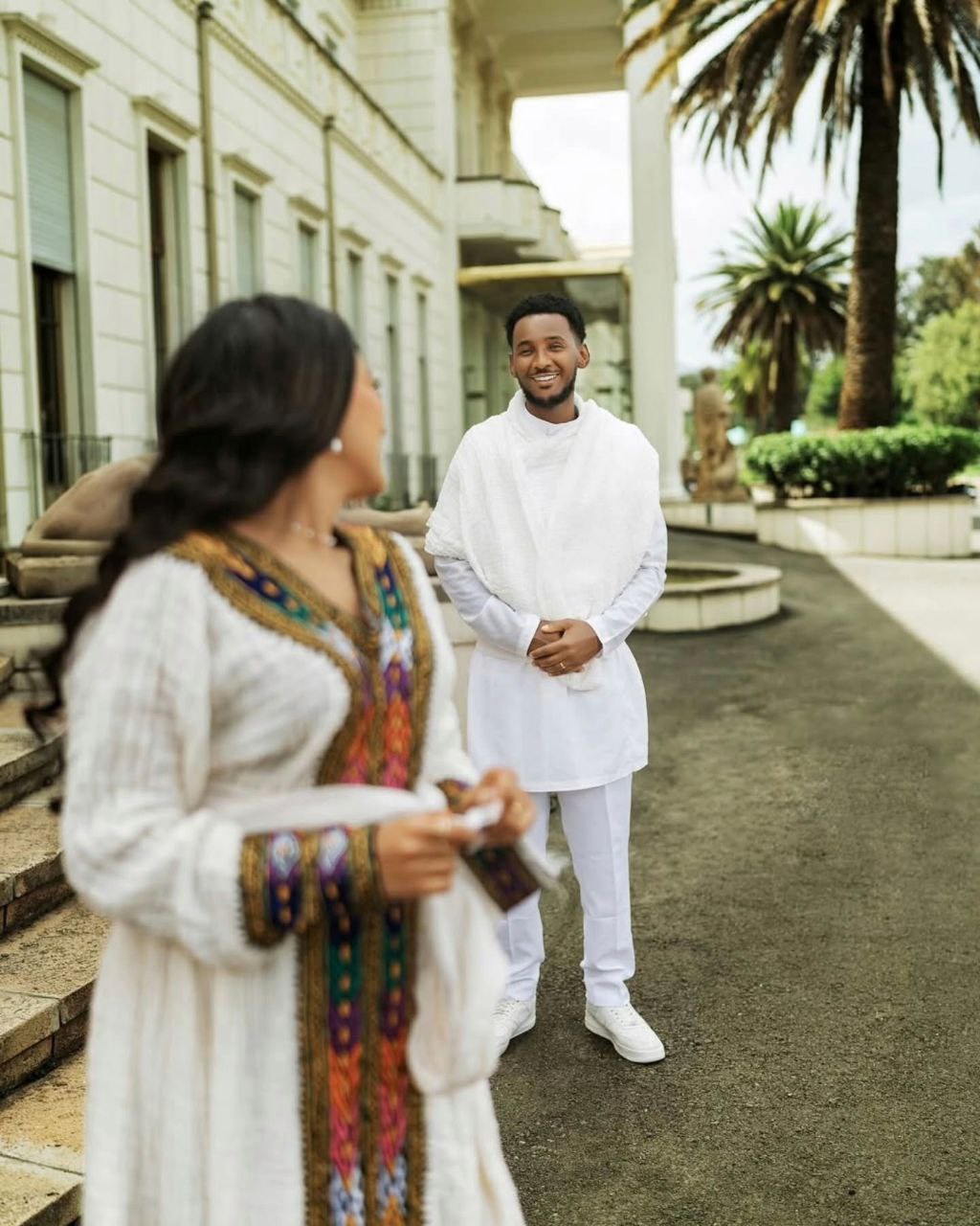 Modern Traditional Ethiopian Couple Outfit Multicolor Embroidered Habesha Kemis & Men's White Suit Elegant Couples Cloth 0066