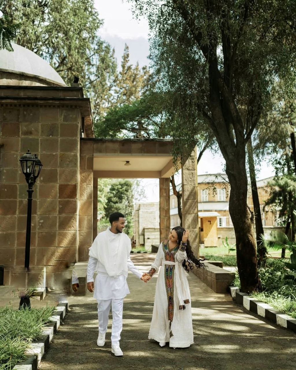 Modern Traditional Ethiopian Couple Outfit Multicolor Embroidered Habesha Kemis & Men's White Suit Elegant Couples Cloth 0066