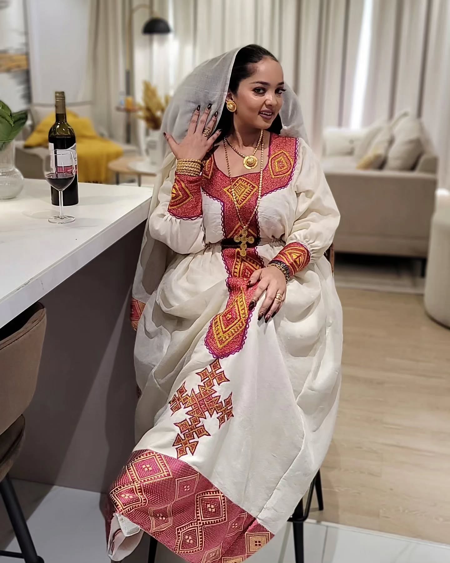 Red & Gold Embroidered Habesha Kemis Traditional Ethiopian Dress for Women Cream Base Accented Habesha Dress 0067