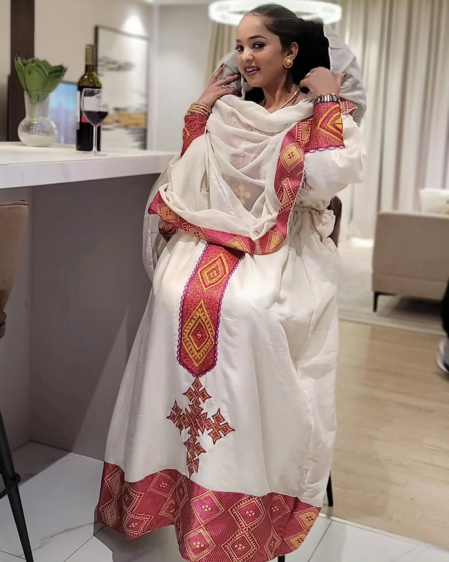Red & Gold Embroidered Habesha Kemis Traditional Ethiopian Dress for Women Cream Base Accented Habesha Dress 0067